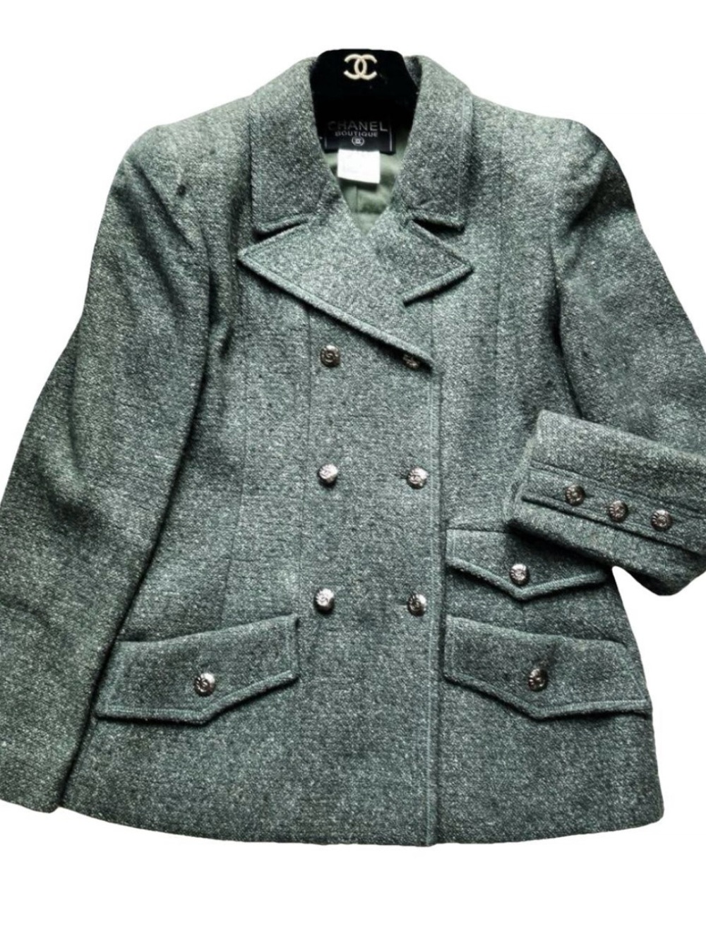 CHANEL Textured Double-Breasted Wool Blend Green Pea Coat
